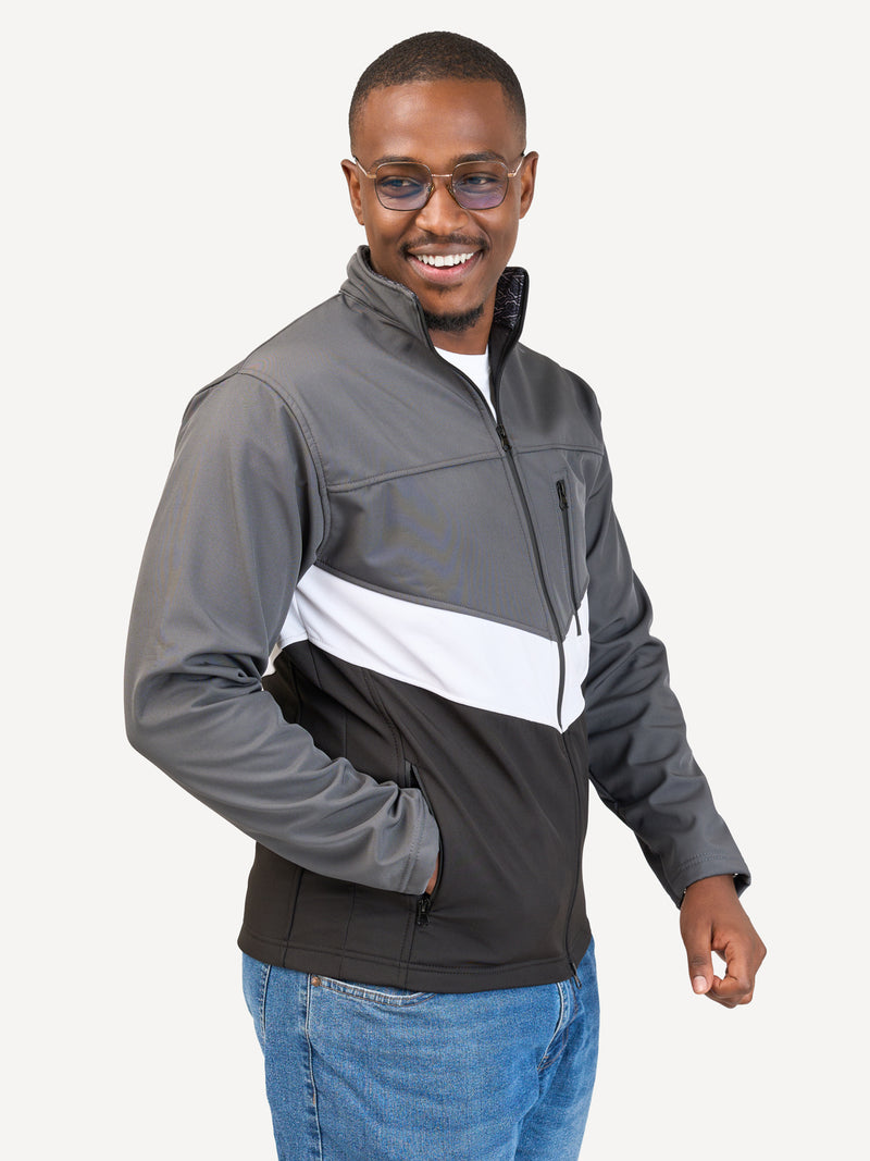 Kali Move Men's Full-Sleeve Softshells: Grey, White & Black with Grey Wave Print