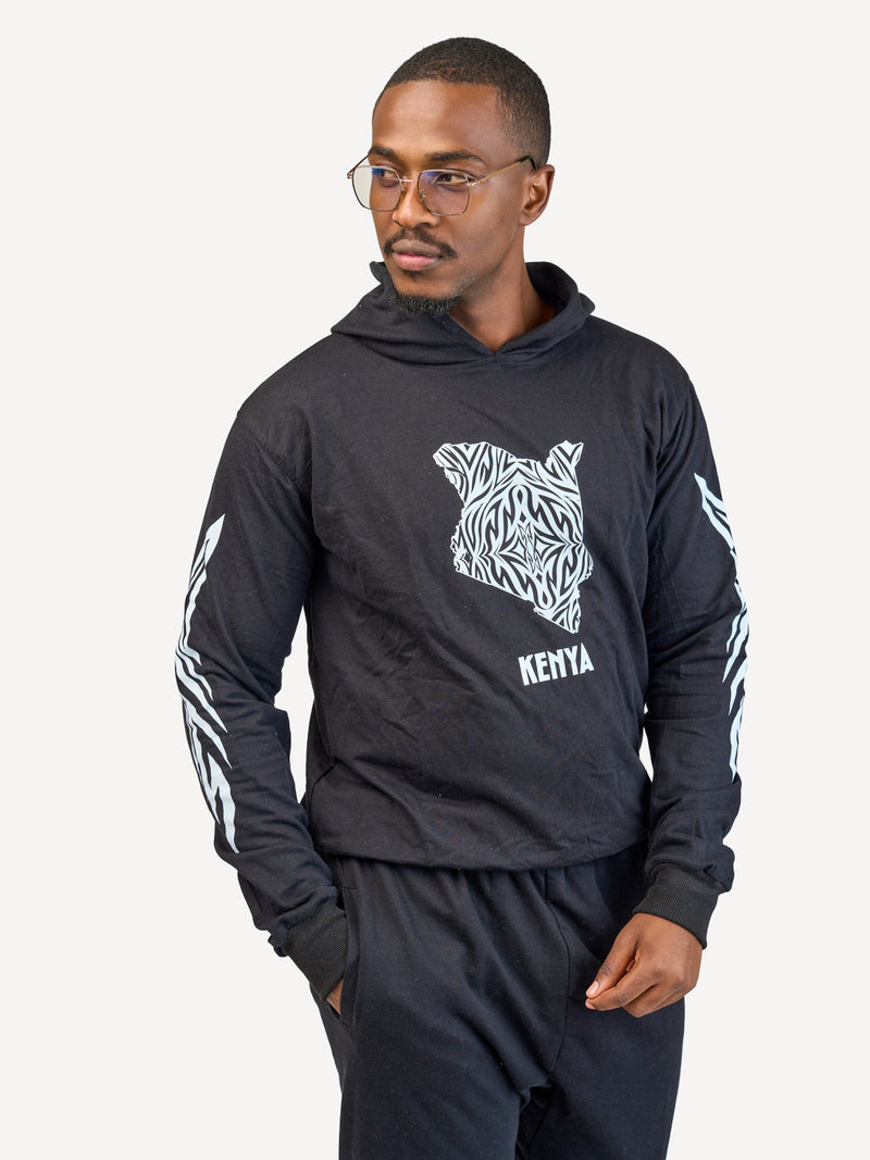 Kali Lightweight Hoodies: Black with Kenya Map with Arms