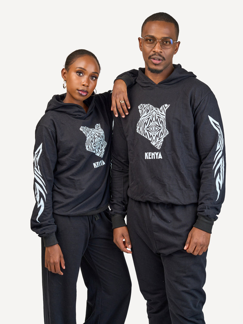 Kali Lightweight Hoodies: Black with Kenya Map with Arms