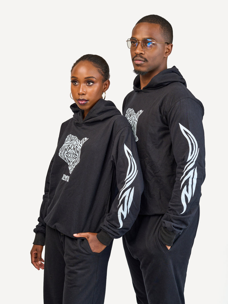 Kali Lightweight Hoodies: Black with Kenya Map with Arms