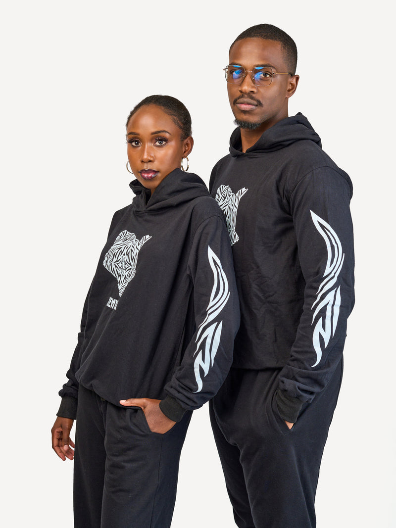 Kali Lightweight Hoodies: Black with Kenya Map with Arms