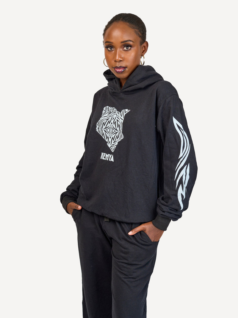 Kali Lightweight Hoodies: Black with Kenya Map with Arms