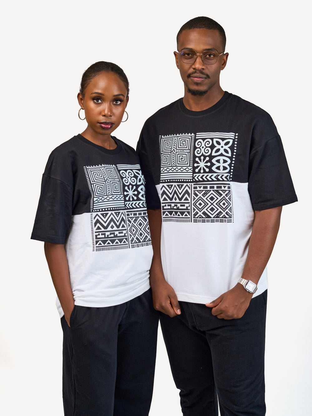 Kali Oversize Ts: Black & White with Afri Abstract Pattern