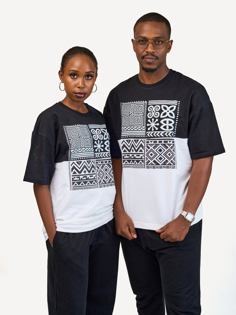Kali Oversize Ts: Black & White with Afri Abstract Pattern