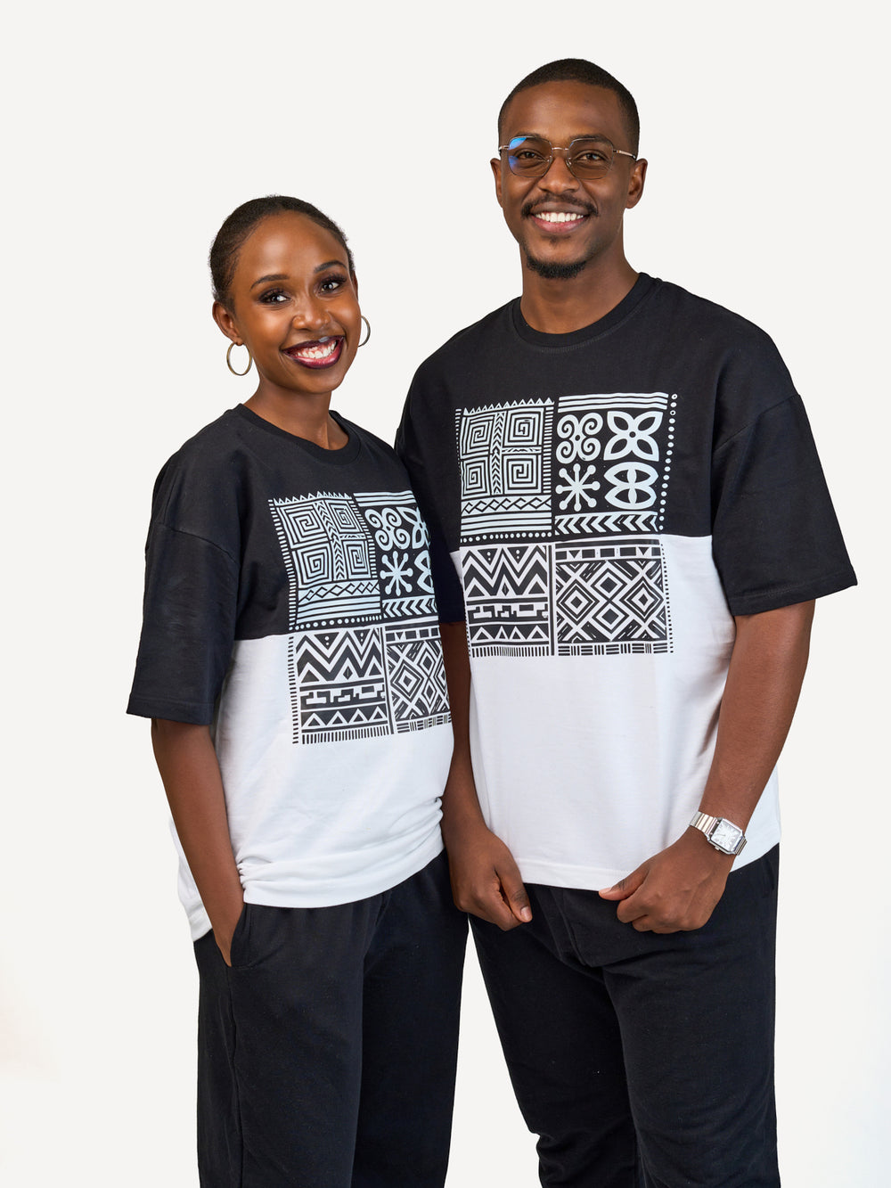 Kali Oversize Ts: Black & White with Afri Abstract Pattern
