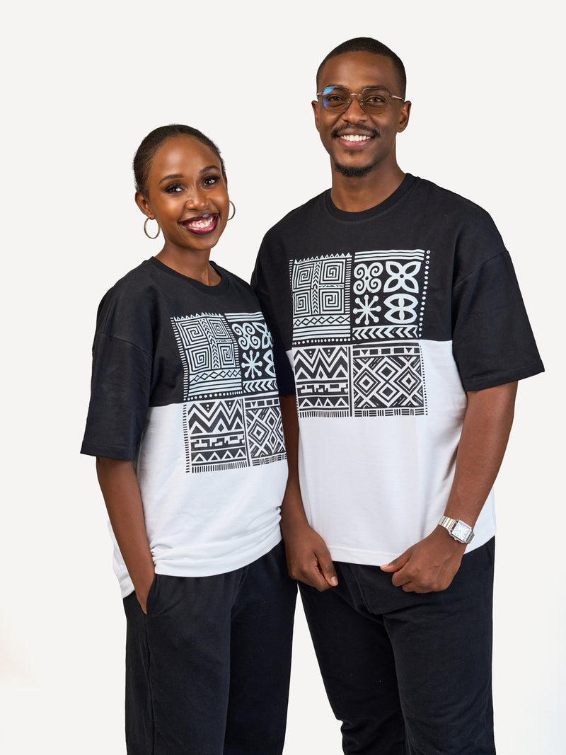 Kali Oversize Ts: Black & White with Afri Abstract Pattern