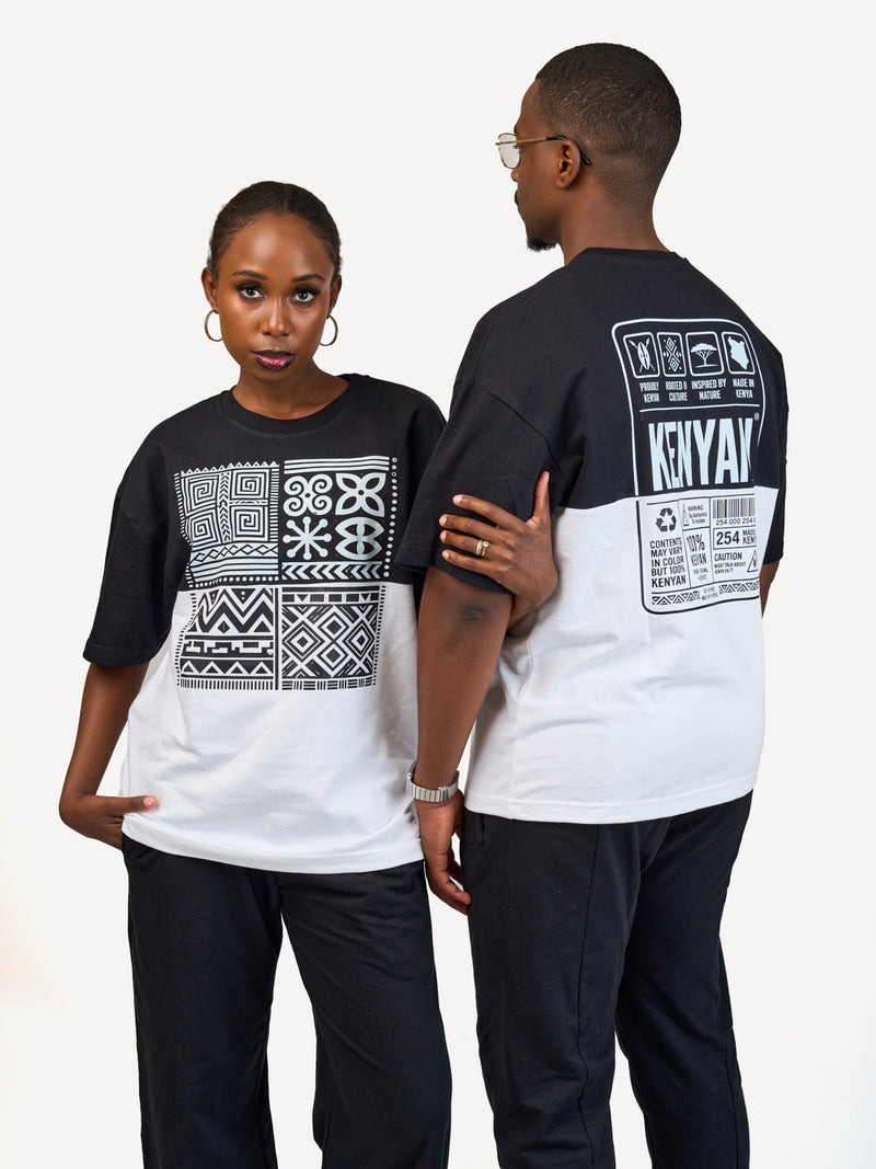 Kali Oversize Ts: Black & White with Afri Abstract Pattern