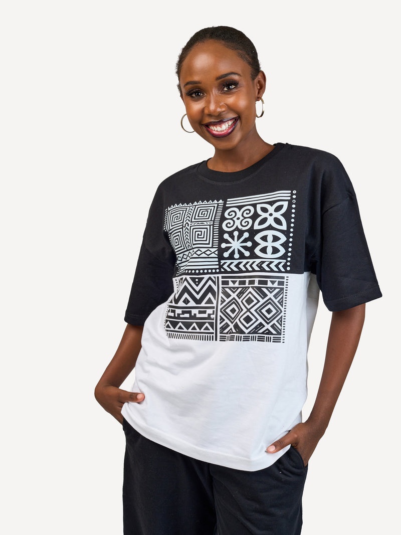 Kali Oversize Ts: Black & White with Afri Abstract Pattern