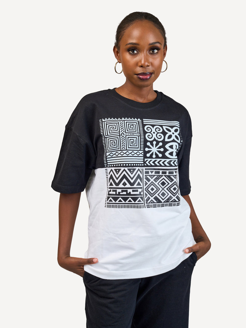Kali Oversize Ts: Black & White with Afri Abstract Pattern
