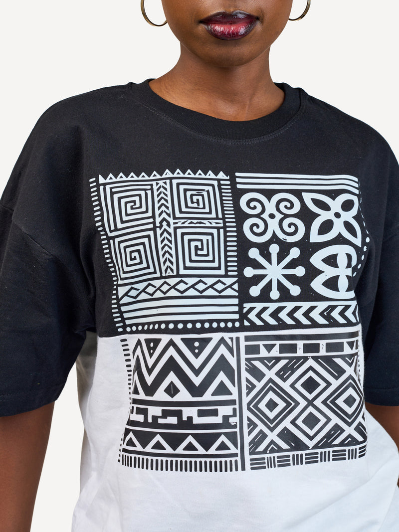 Kali Oversize Ts: Black & White with Afri Abstract Pattern