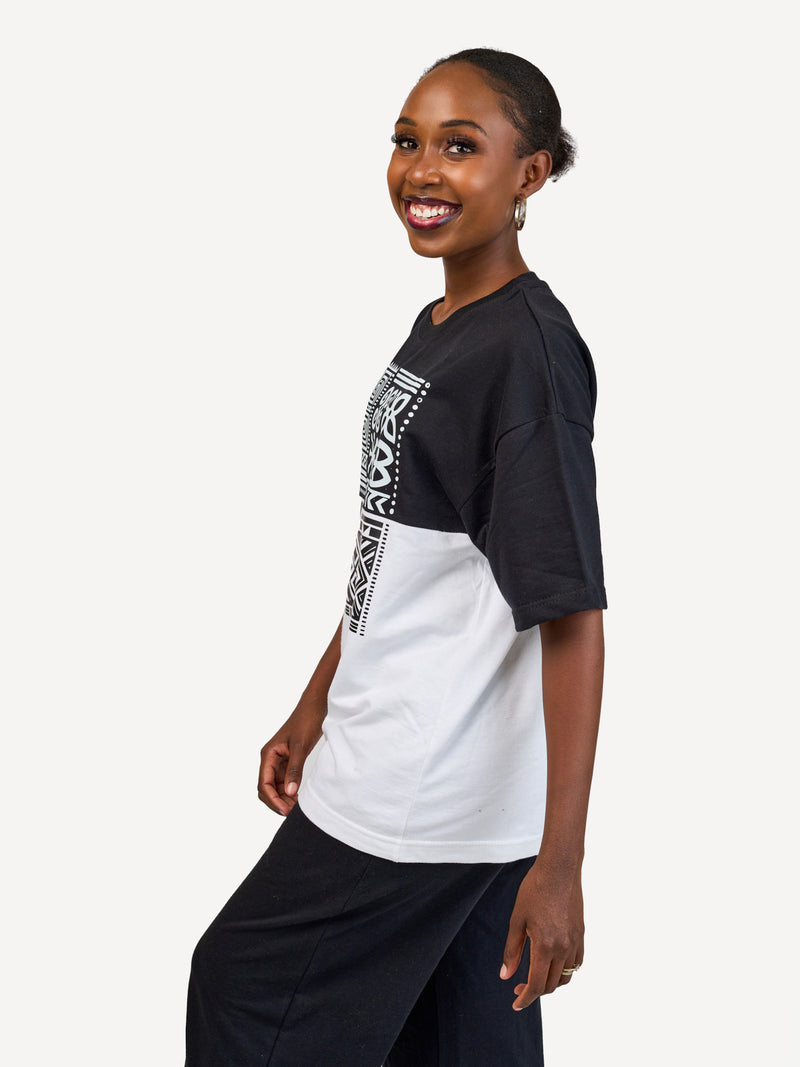 Kali Oversize Ts: Black & White with Afri Abstract Pattern