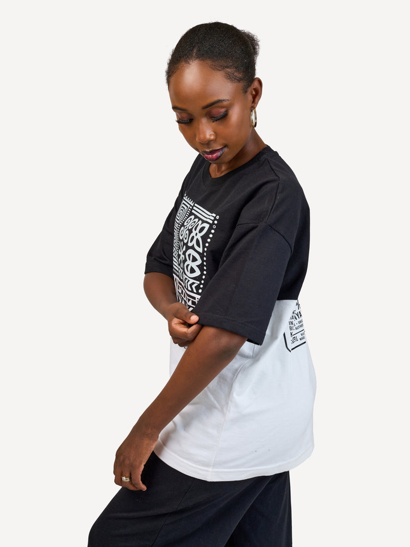 Kali Oversize Ts: Black & White with Afri Abstract Pattern