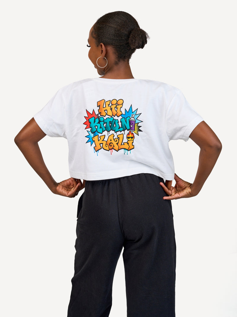 Kali Ladies Oversize Crop Ts: White with Hii Kitu ni Kali 1