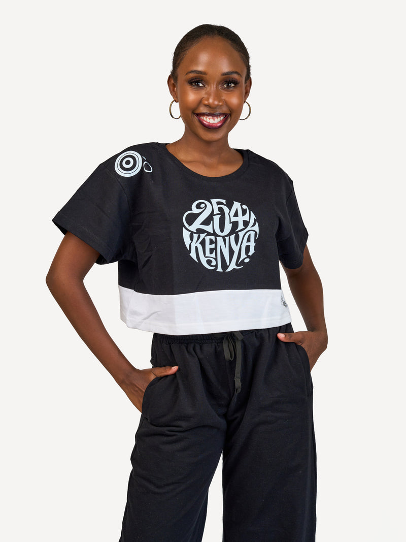 Kali Ladies Oversize Crop Ts: Black & White with 254 Kenya