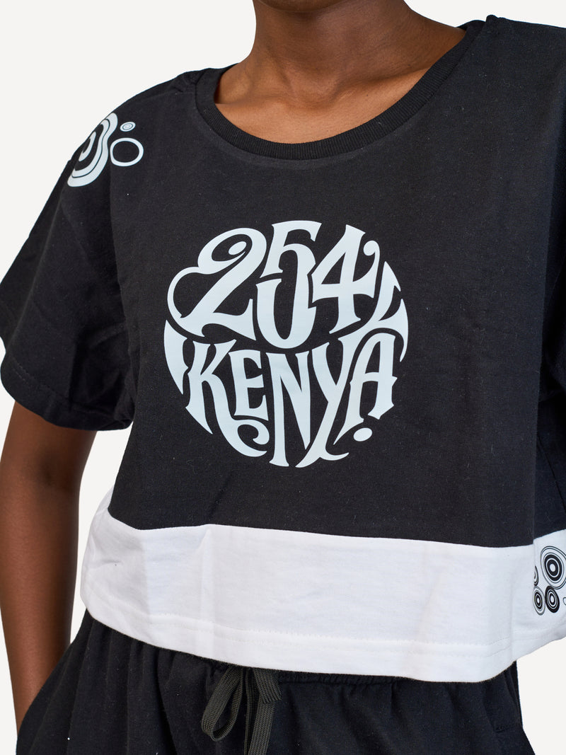 Kali Ladies Oversize Crop Ts: Black & White with 254 Kenya