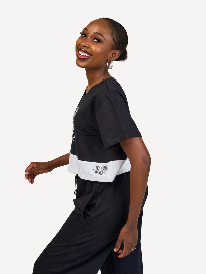 Kali Ladies Oversize Crop Ts: Black & White with 254 Kenya