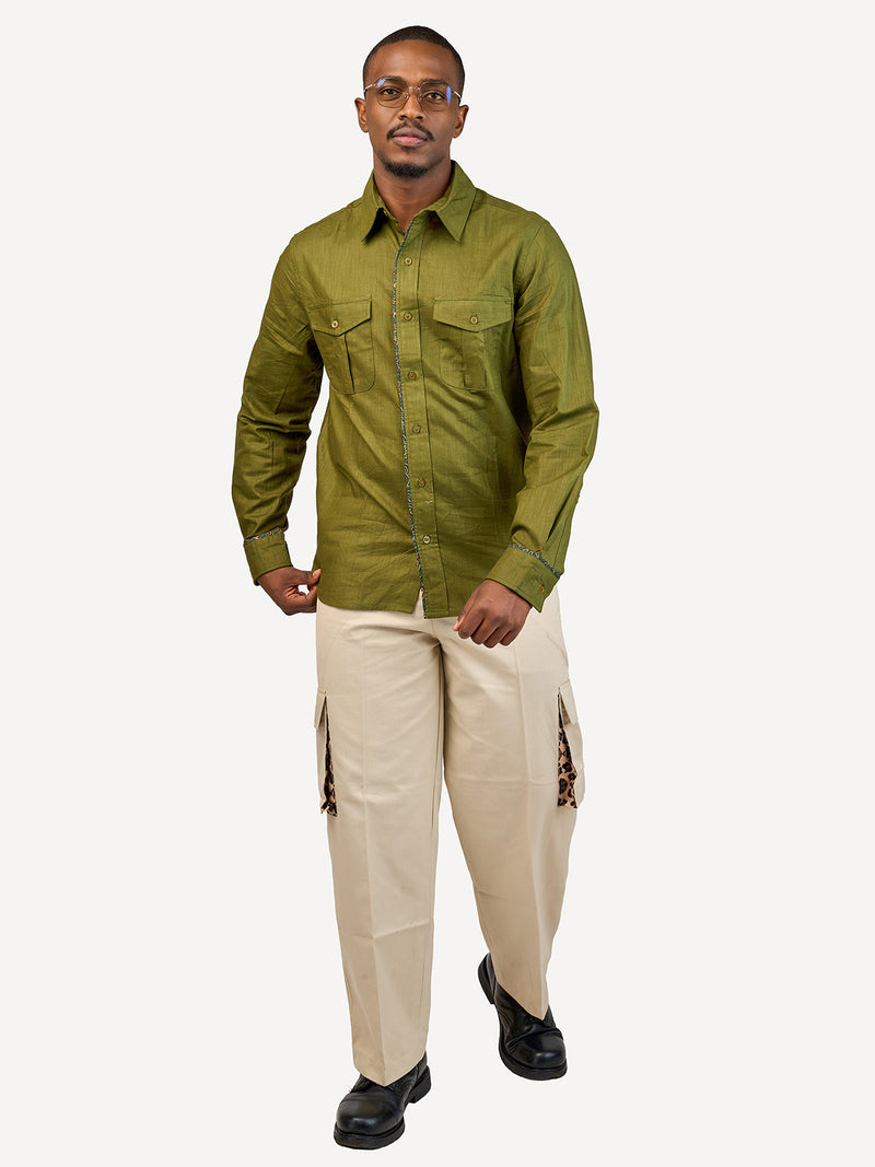 Linen Long-Sleeve Safari Shirts: Jungle Green with Jungle Safari Print