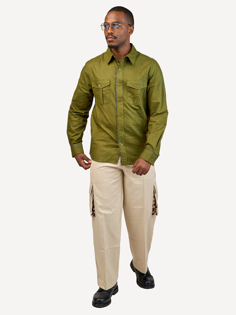 Linen Long-Sleeve Safari Shirts: Jungle Green with Jungle Safari Print