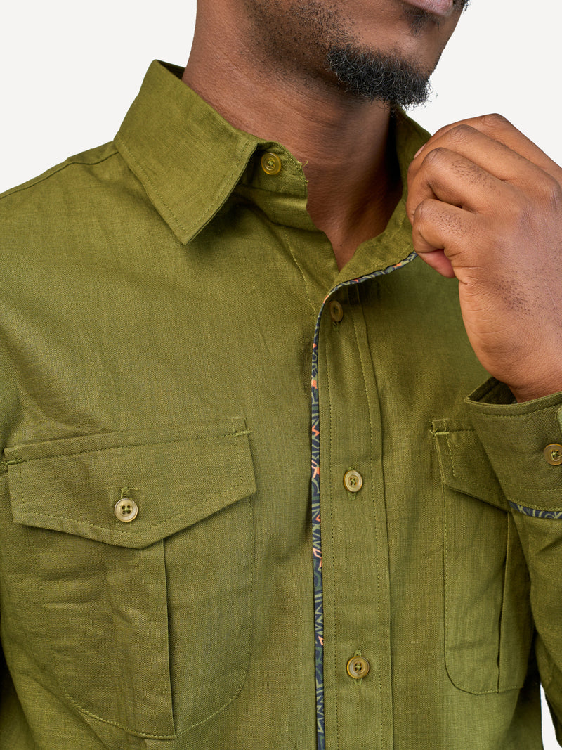 Linen Long-Sleeve Safari Shirts: Jungle Green with Jungle Safari Print