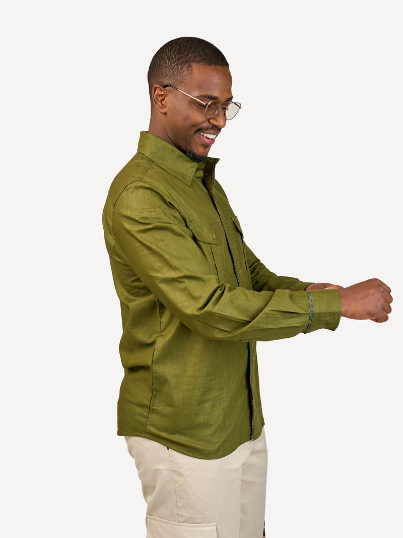 Linen Long-Sleeve Safari Shirts: Jungle Green with Jungle Safari Print