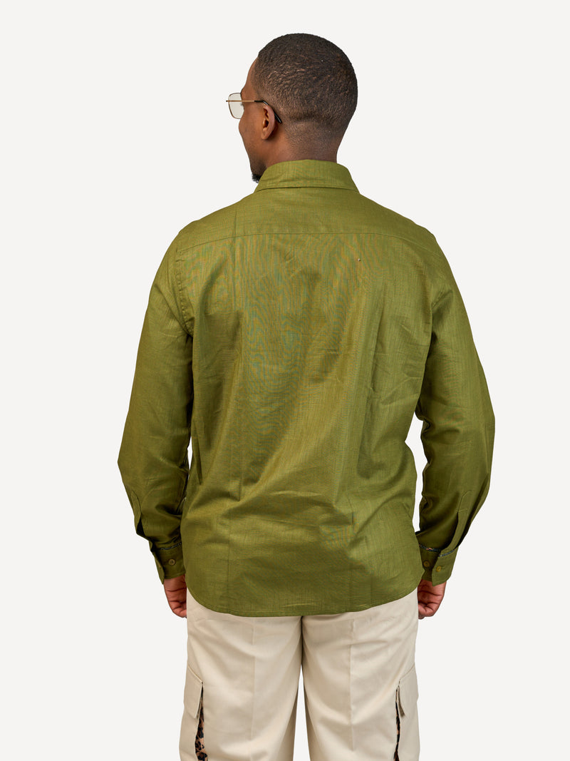 Linen Long-Sleeve Safari Shirts: Jungle Green with Jungle Safari Print