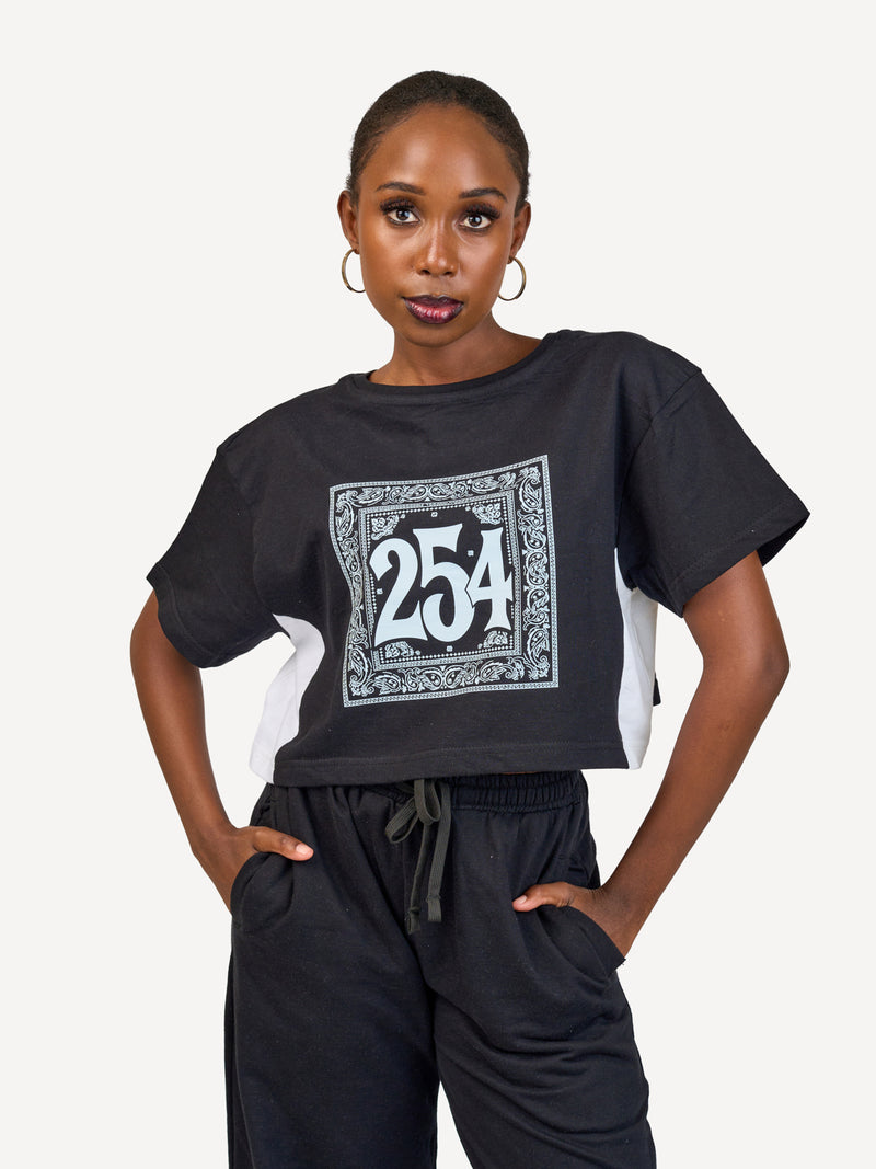 Kali Ladies Oversize Crop Ts: Black & White (Sides) with 254 Bandana