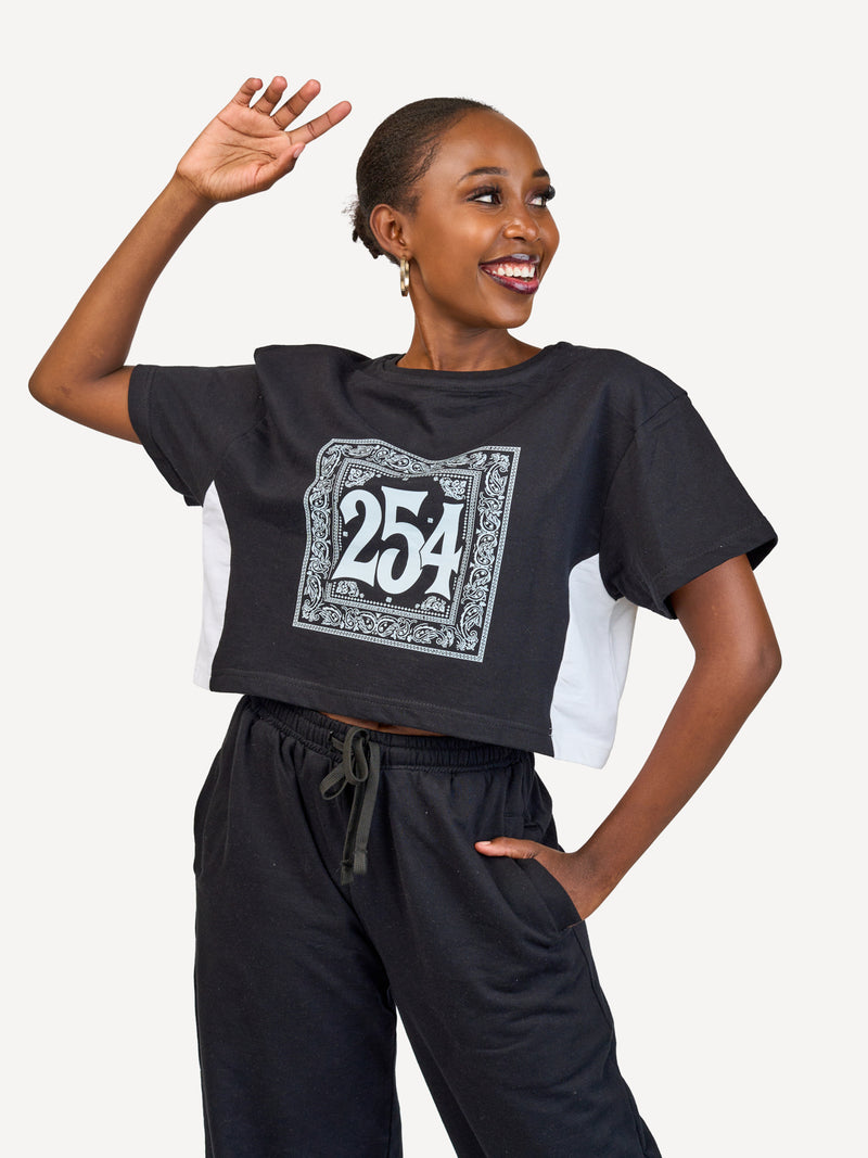 Kali Ladies Oversize Crop Ts: Black & White (Sides) with 254 Bandana