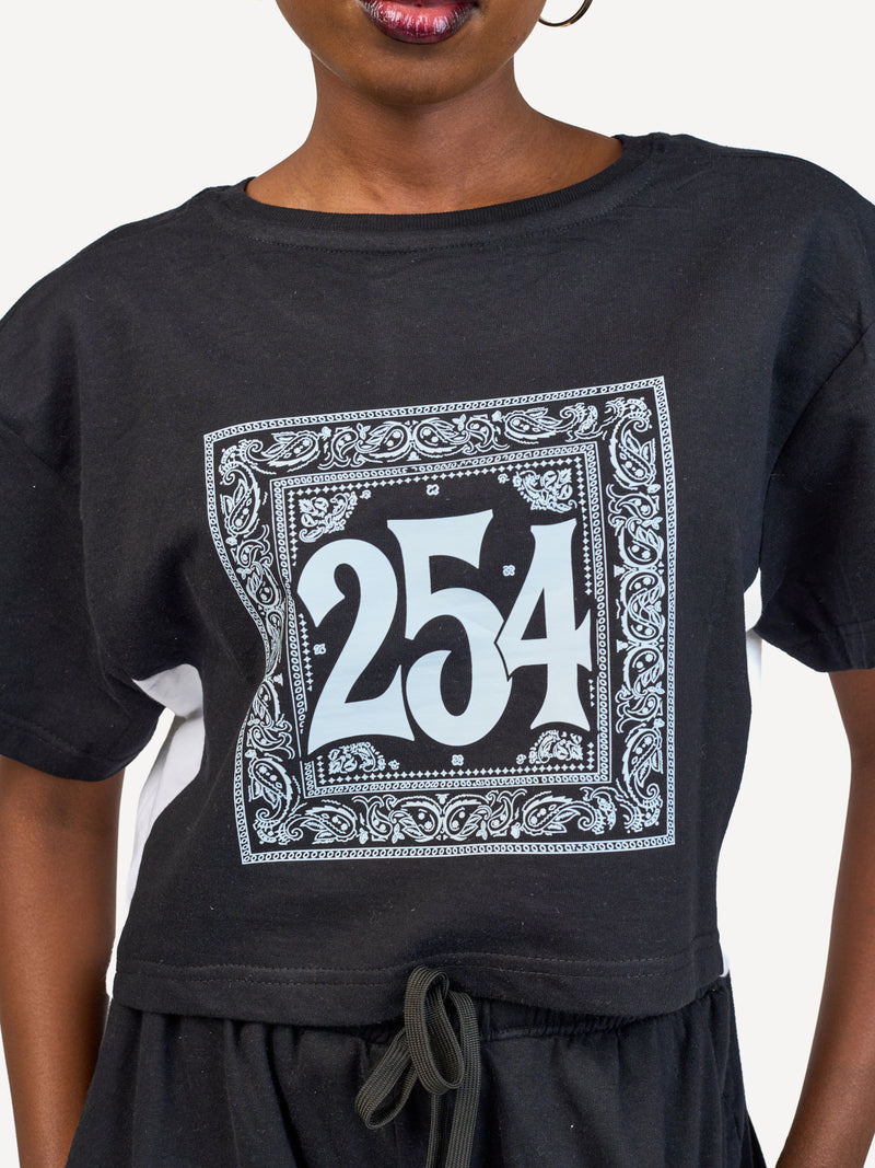 Kali Ladies Oversize Crop Ts: Black & White (Sides) with 254 Bandana