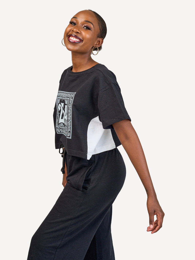 Kali Ladies Oversize Crop Ts: Black & White (Sides) with 254 Bandana