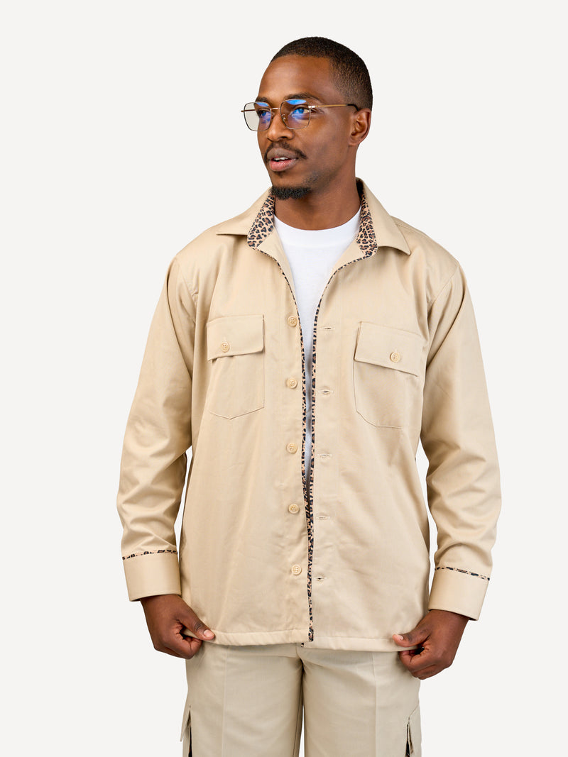 Kali Men's Safari Shacket: Beige with Chui Skin Print