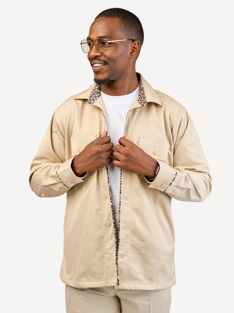 Kali Men's Safari Shacket: Beige with Chui Skin Print
