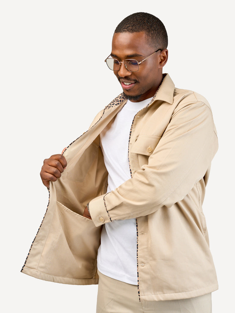 Kali Men's Safari Shacket: Beige with Chui Skin Print