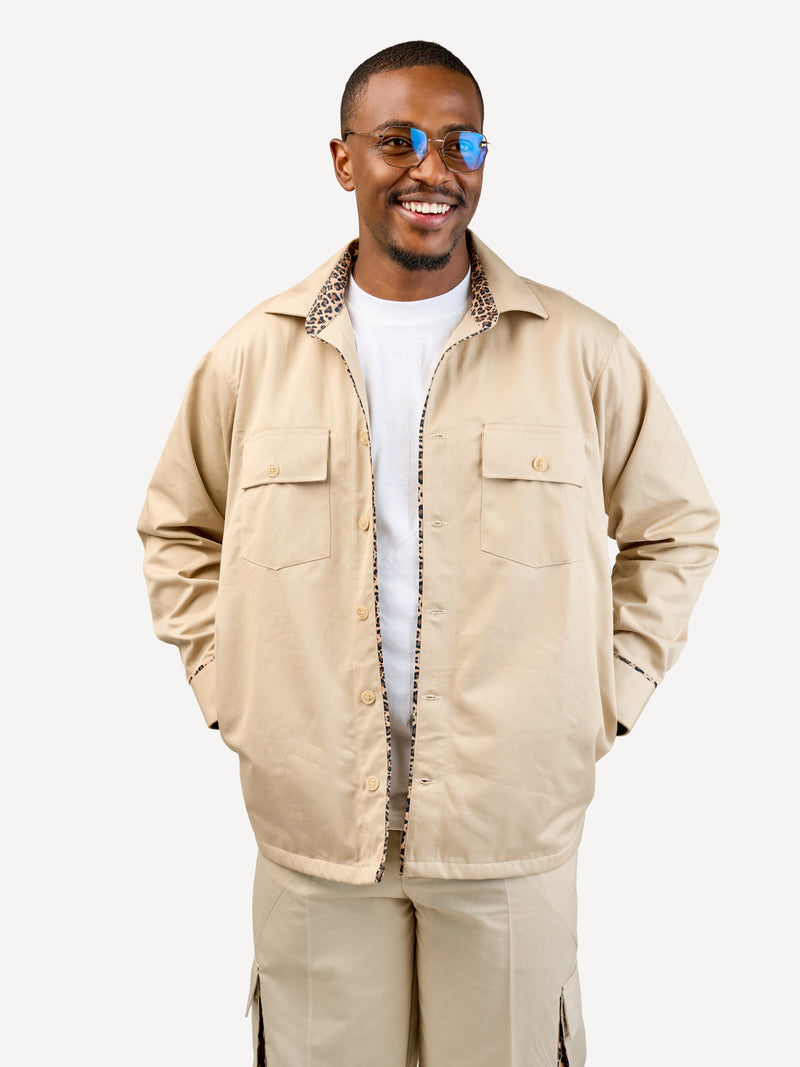 Kali Men's Safari Shacket: Beige with Chui Skin Print