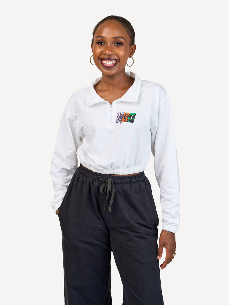 Ladies Lightweight Crop 1/4 Zip Sweats: Top - White with Tri Color NBO