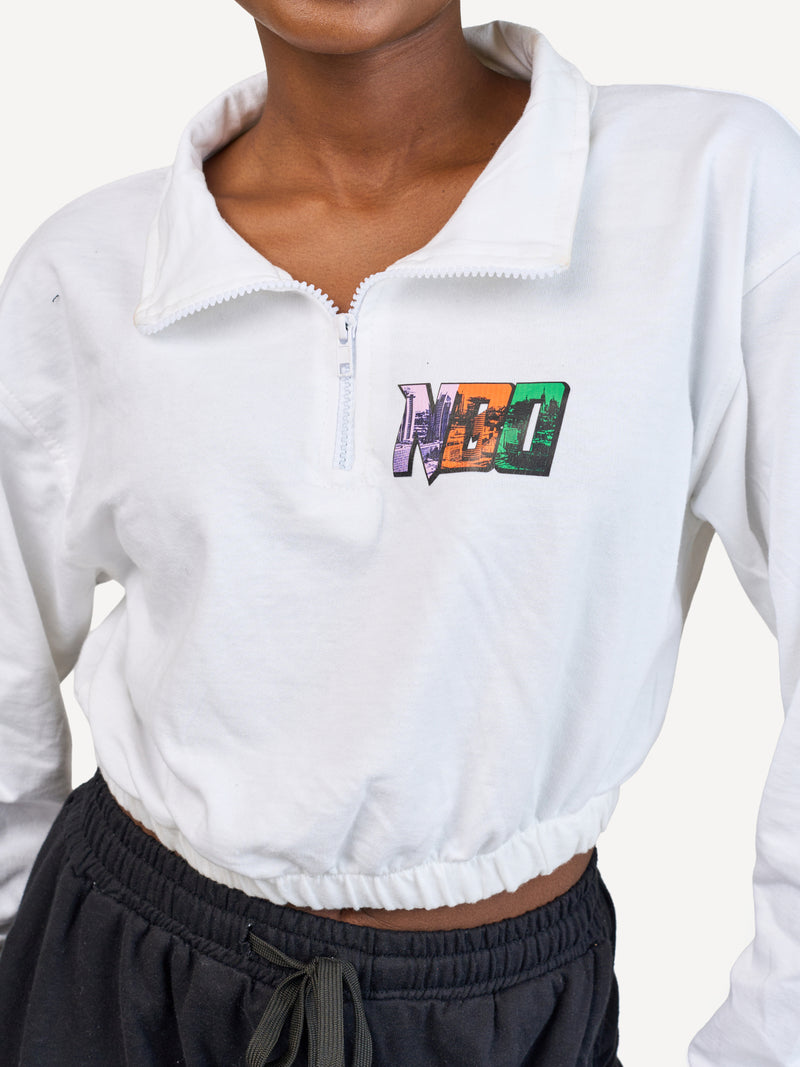 Ladies Lightweight Crop 1/4 Zip Sweats: Top - White with Tri Color NBO