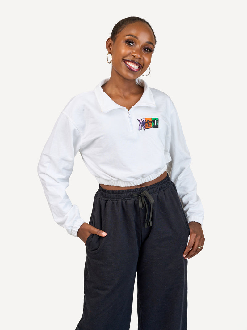 Ladies Lightweight Crop 1/4 Zip Sweats: Top - White with Tri Color NBO