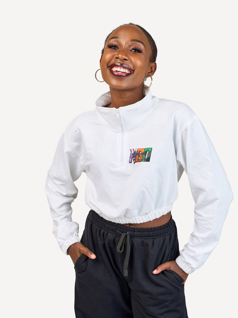 Ladies Lightweight Crop 1/4 Zip Sweats: Top - White with Tri Color NBO