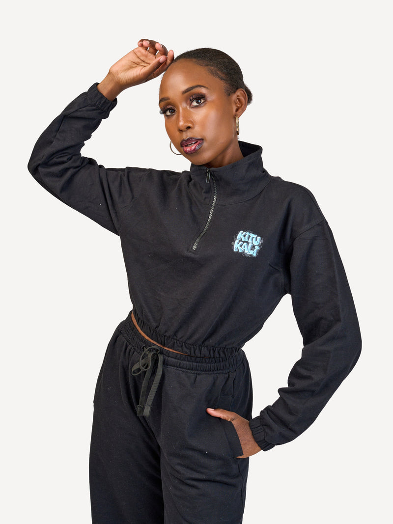 Ladies Lightweight Crop 1/4 Zip Sweats: Top - Black with Hii Kitu ni Kali 2