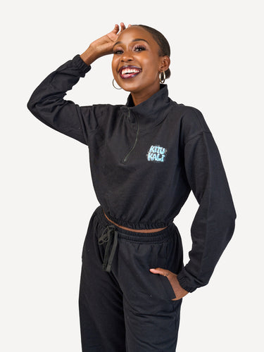 Ladies Lightweight Crop 1/4 Zip Sweats: Top - Black with Hii Kitu ni Kali 2