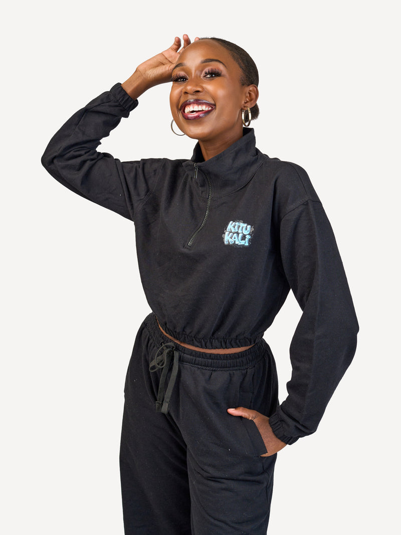 Ladies Lightweight Crop 1/4 Zip Sweats: Top - Black with Hii Kitu ni Kali 2