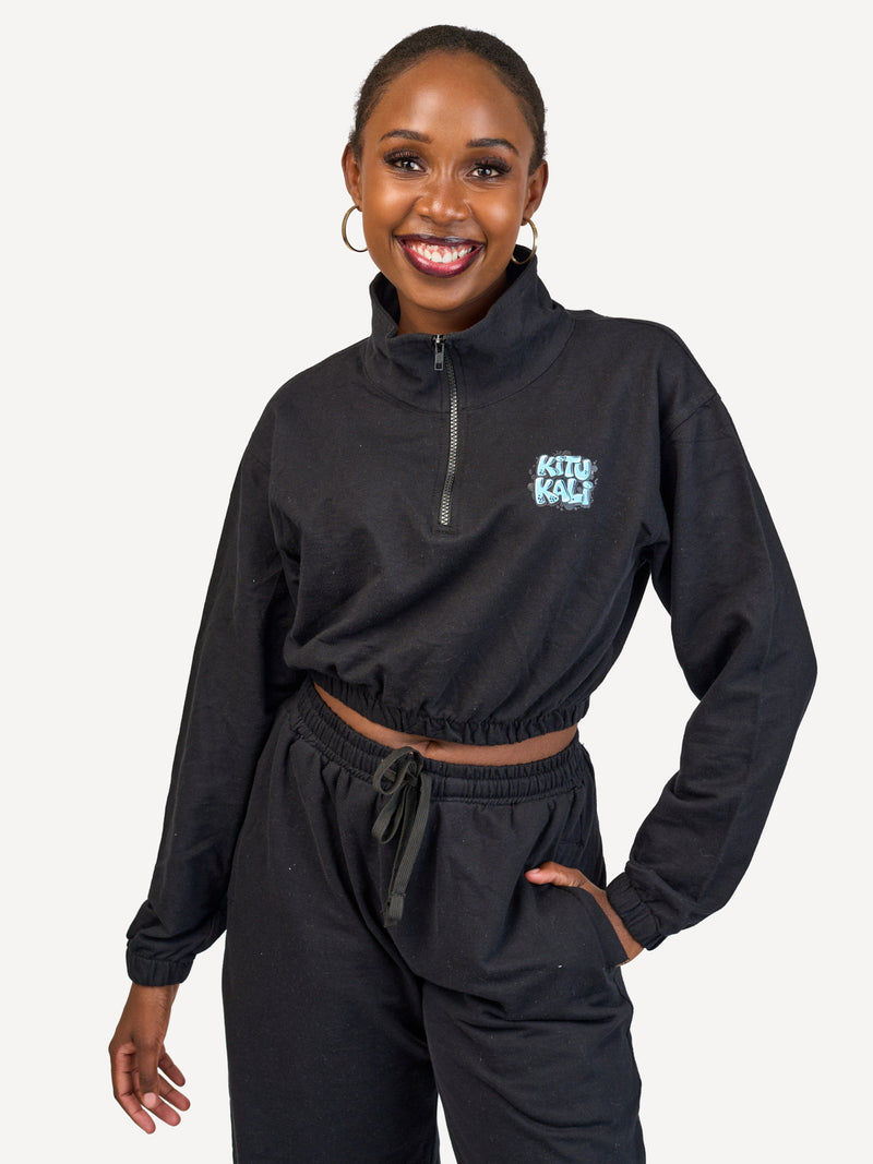 Ladies Lightweight Crop 1/4 Zip Sweats: Top - Black with Hii Kitu ni Kali 2