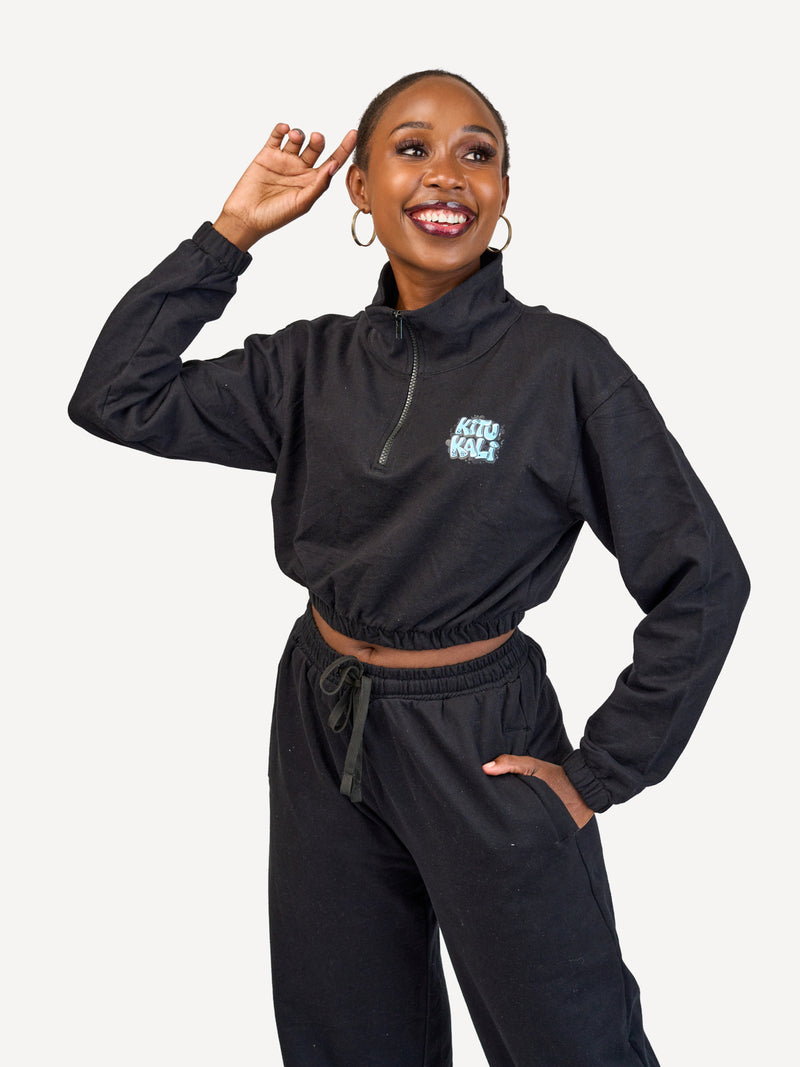 Ladies Lightweight Crop 1/4 Zip Sweats: Top - Black with Hii Kitu ni Kali 2