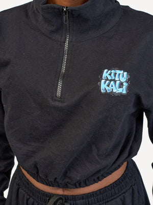 Ladies Lightweight Crop 1/4 Zip Sweats: Top - Black with Hii Kitu ni Kali 2