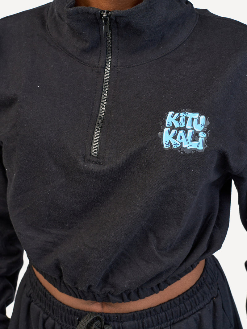 Ladies Lightweight Crop 1/4 Zip Sweats: Top - Black with Hii Kitu ni Kali 2
