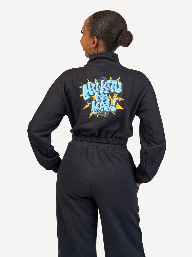 Ladies Lightweight Crop 1/4 Zip Sweats: Top - Black with Hii Kitu ni Kali 2