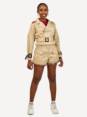 Ladies Cropped Trench Jackets: Beige with Wild Safari Print