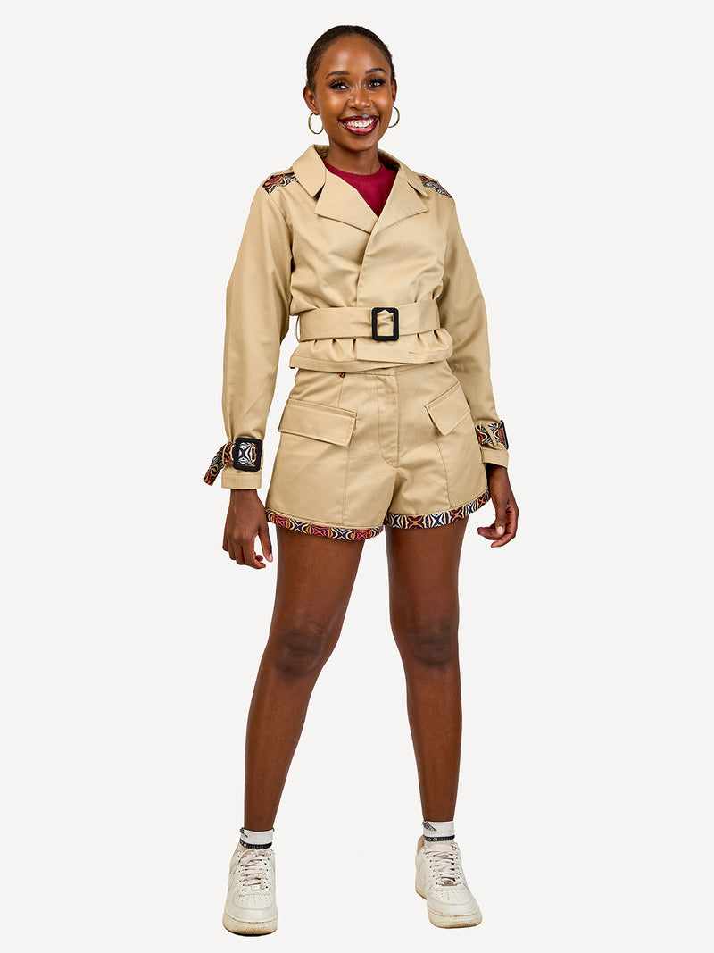 Ladies Cropped Trench Jackets: Beige with Wild Safari Print