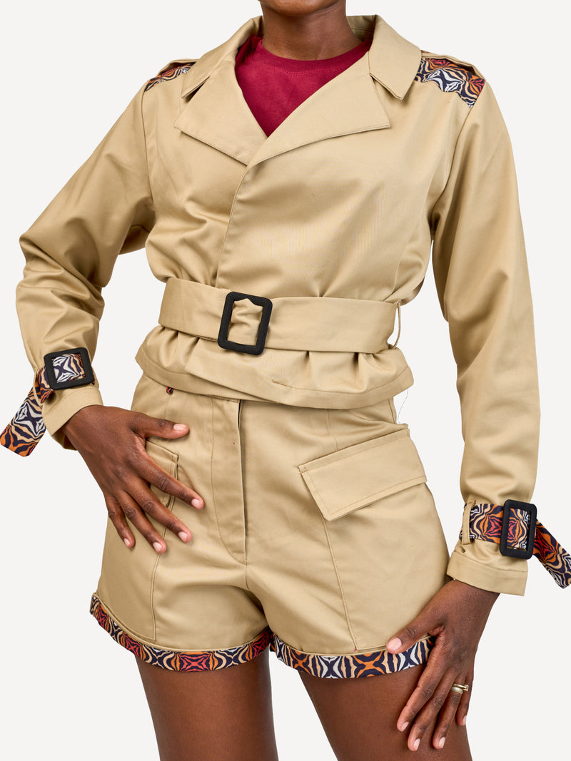 Ladies Cropped Trench Jackets: Beige with Wild Safari Print