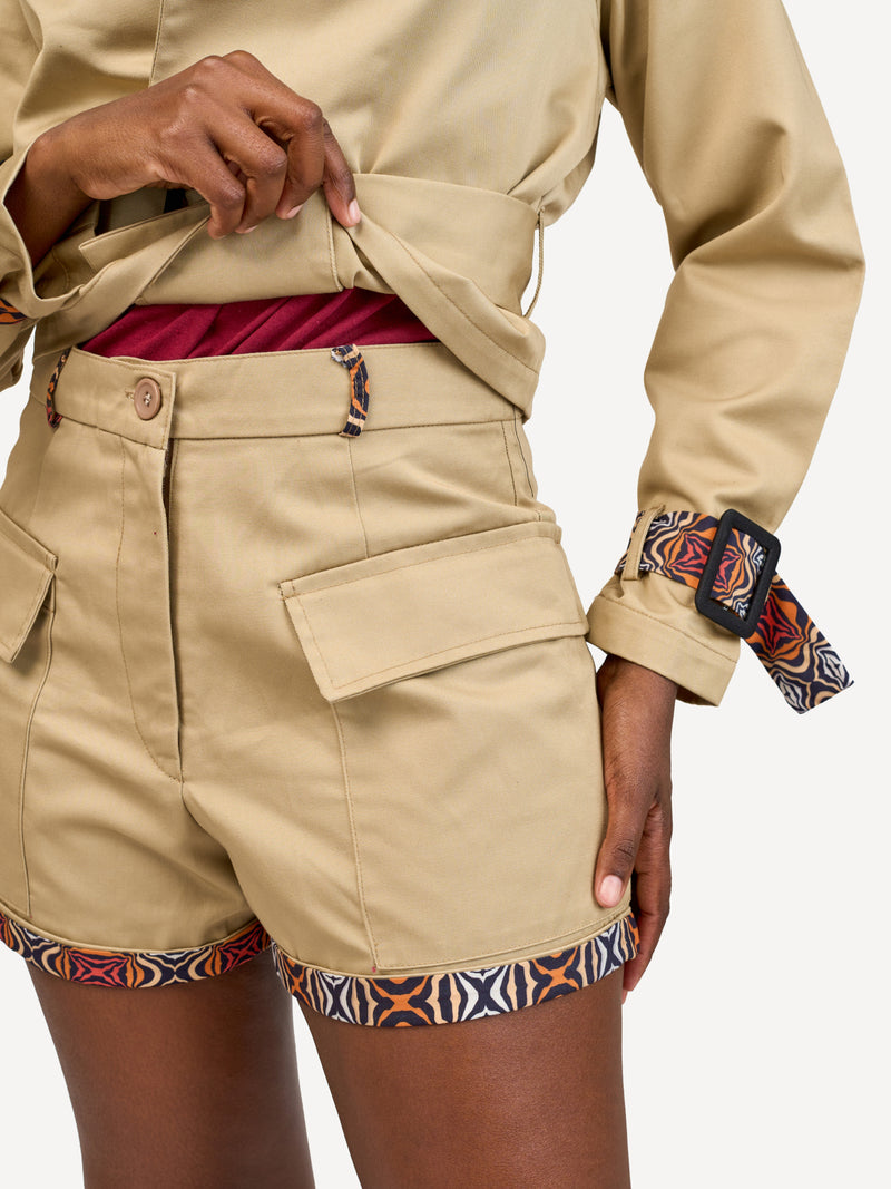 Ladies Safari Shorts: Beige with Wild Safari Print