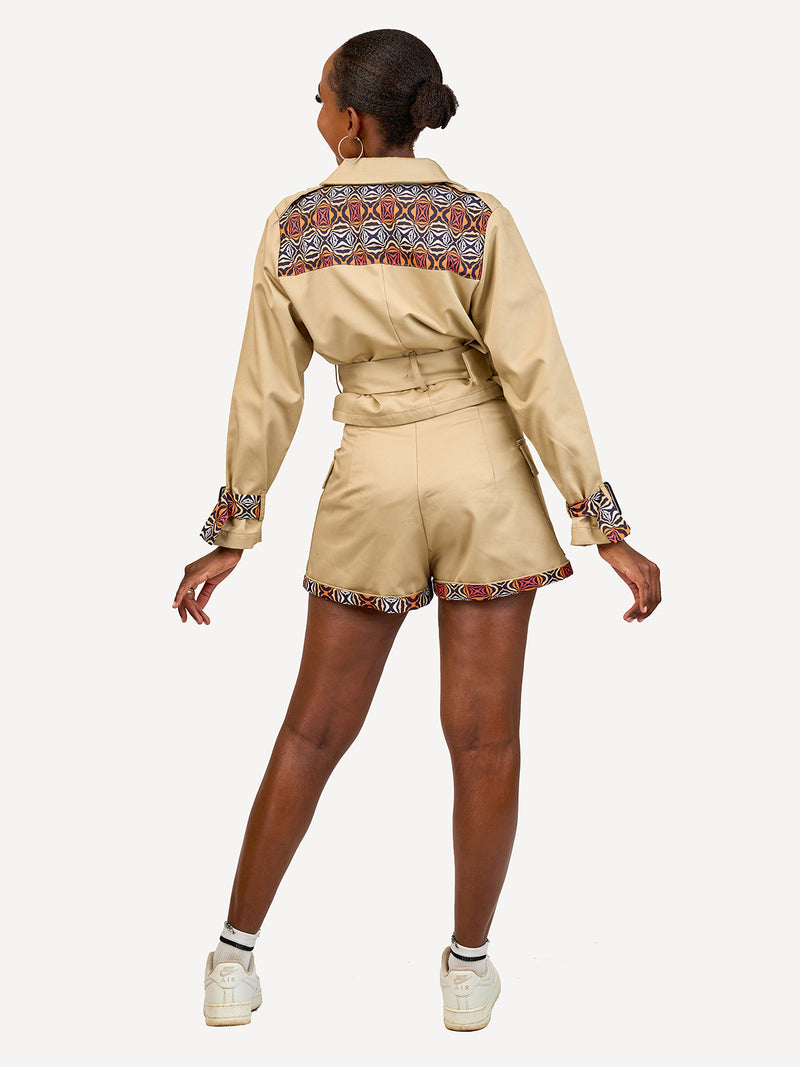 Ladies Cropped Trench Jackets: Beige with Wild Safari Print